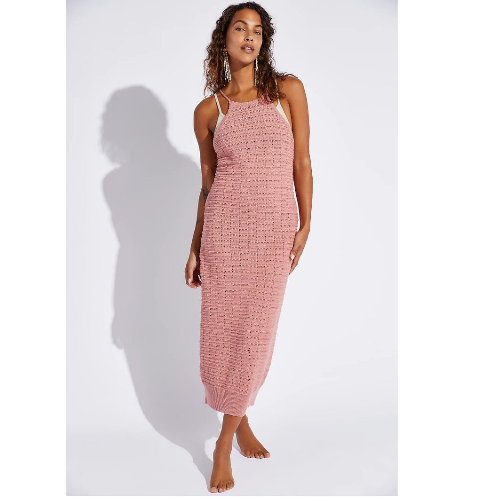 NWT Free People FP Beach Mallorca Fauxchet Sweater Midi Dress Crochet Rose Pink